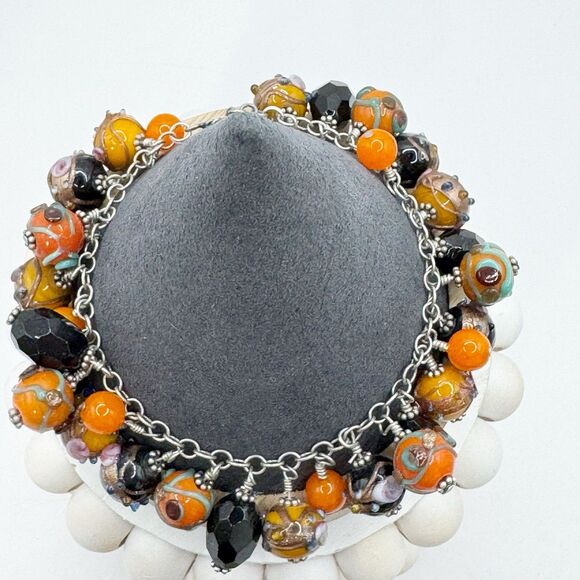 Wedding Cake Glass Bead Cha Cha Charm Bracelet Orange Black Halloween Jewelry - Picture 8 of 11